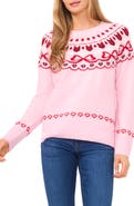 CeCe Heart Bow Fair Isle Sweater