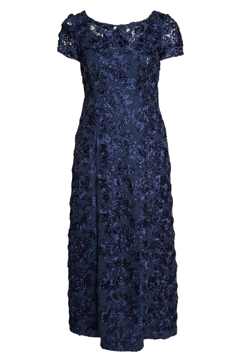 Rosette Lace Short Sleeve A-Line Gown, Alternate, color, NAVY