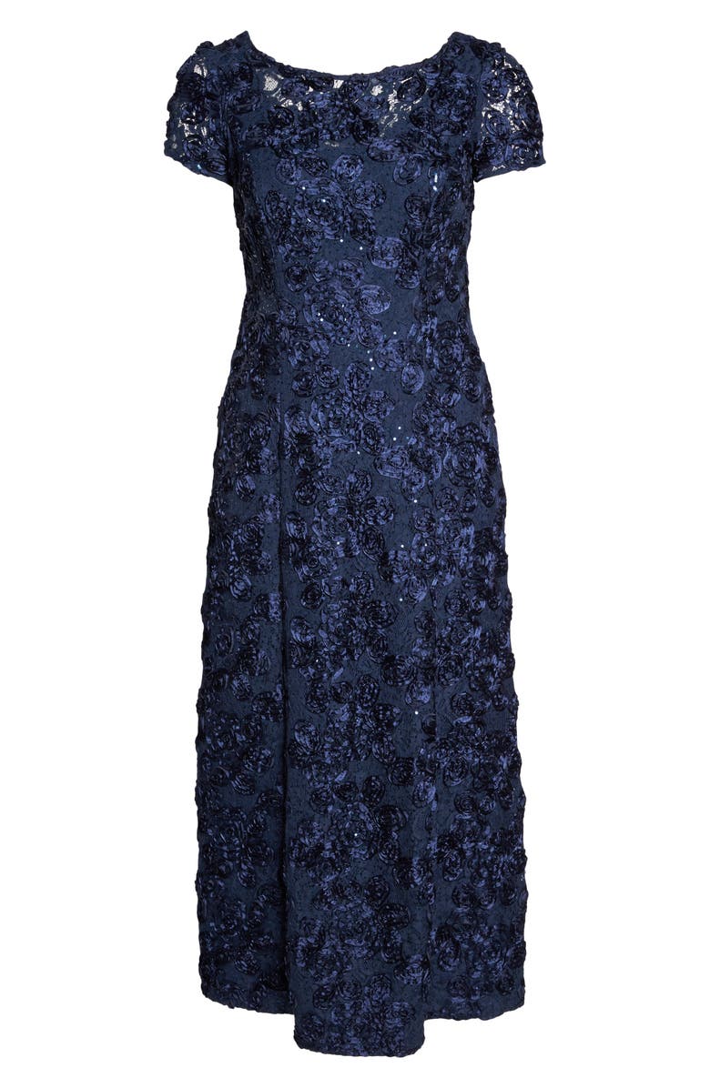 Alex Evenings Rosette Lace Short Sleeve A-Line Gown, Alternate, color, Navy
