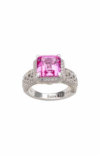 SUZY LEVIAN DIAMONDS Sterling Silver Emerald Cut Pink & Pavé White Sapphire Ring