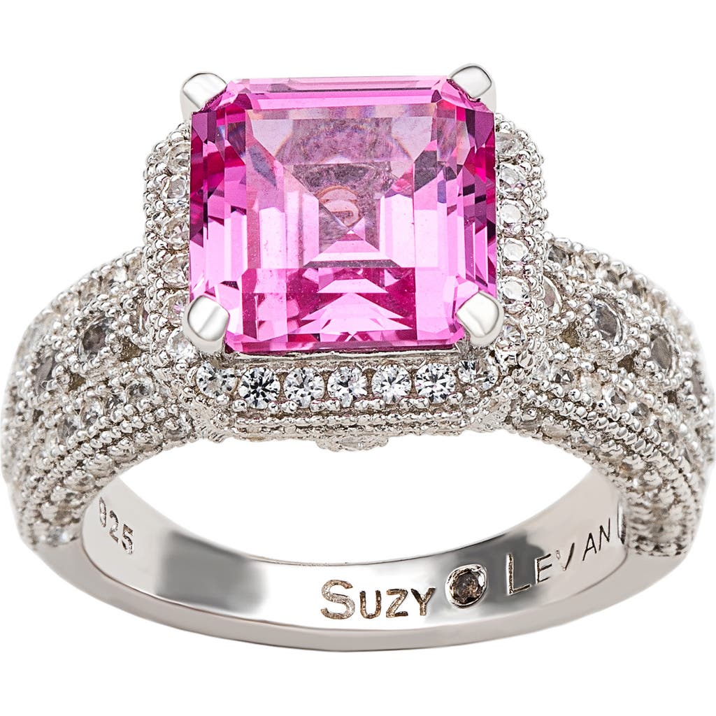 Suzy Levian Diamonds Sterling Silver Emerald Cut Pink & Pavé White Sapphire Ring In Pink