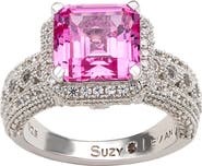 SUZY LEVIAN DIAMONDS Sterling Silver Emerald Cut Pink & Pavé White Sapphire Ring
