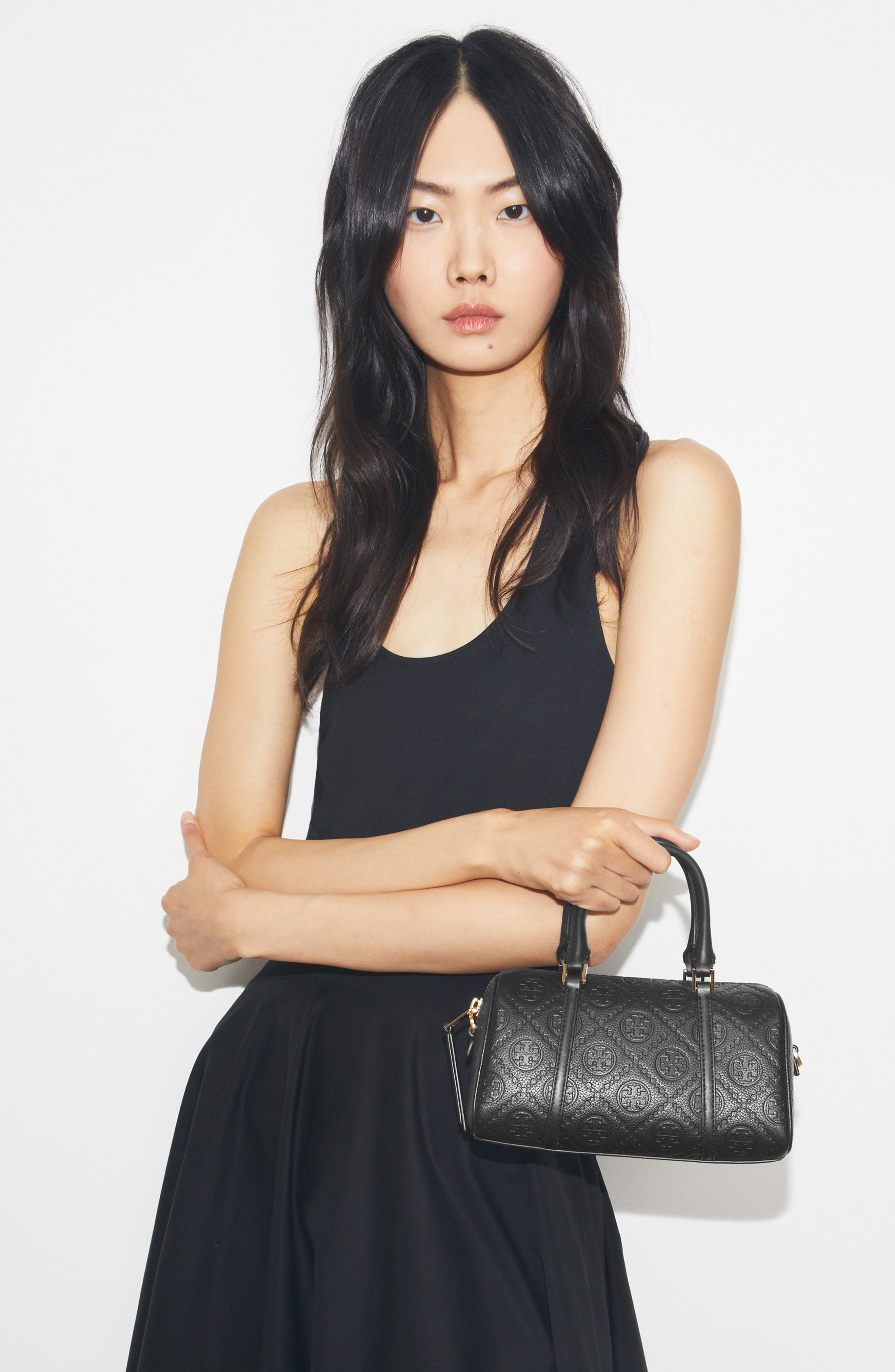 Tory Burch Mini T Monogram Leather Barrel Bag, Alternate, color, Black