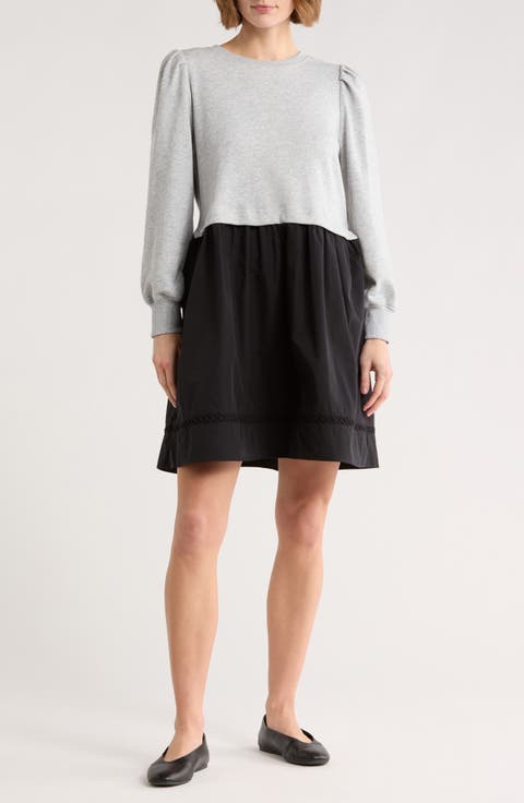 Fleece Woven Mixed Media Long Sleeve Dress