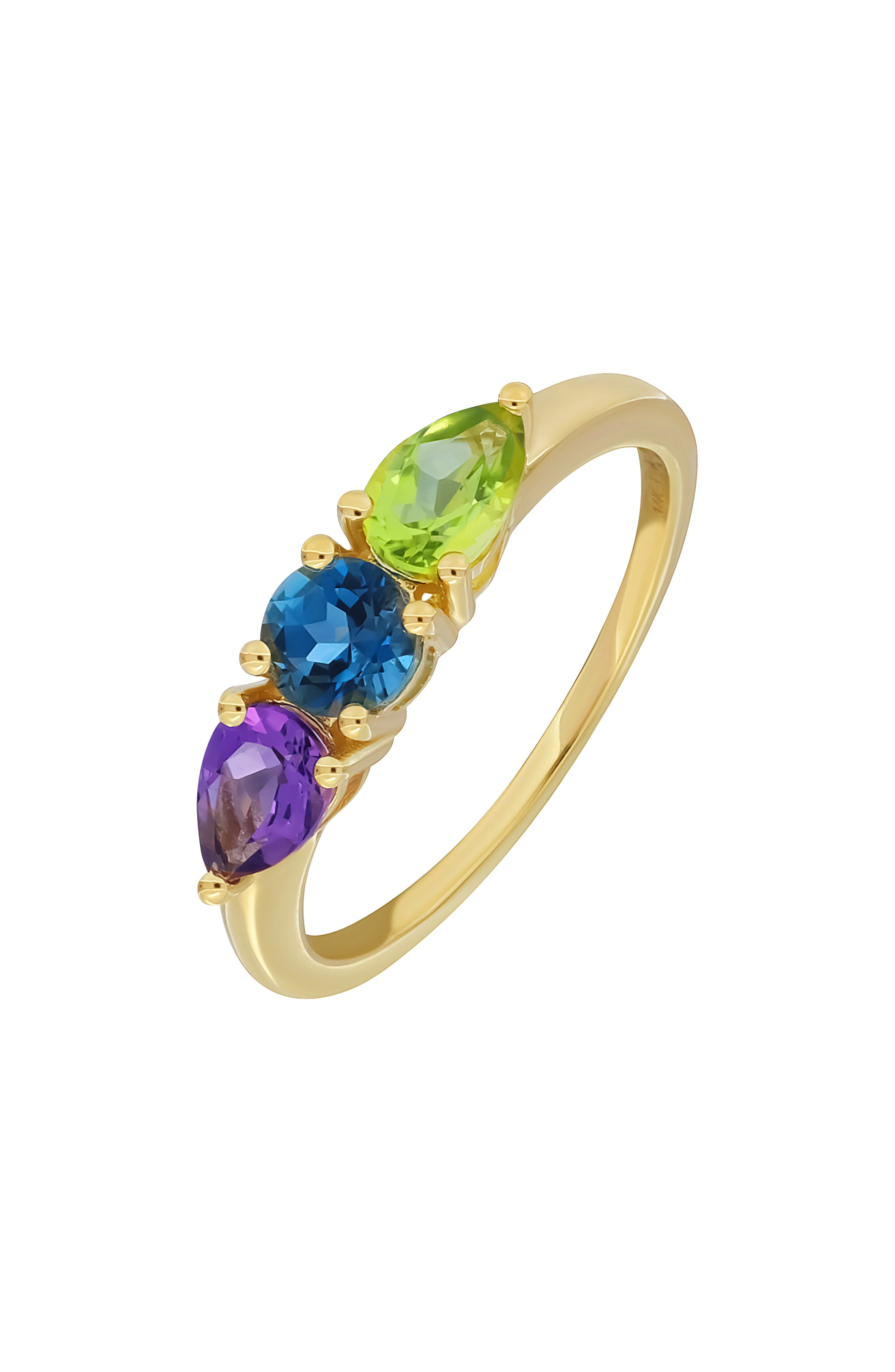 14k Gold Amethyst, Blue Topaz & Peridot Stackable Ring