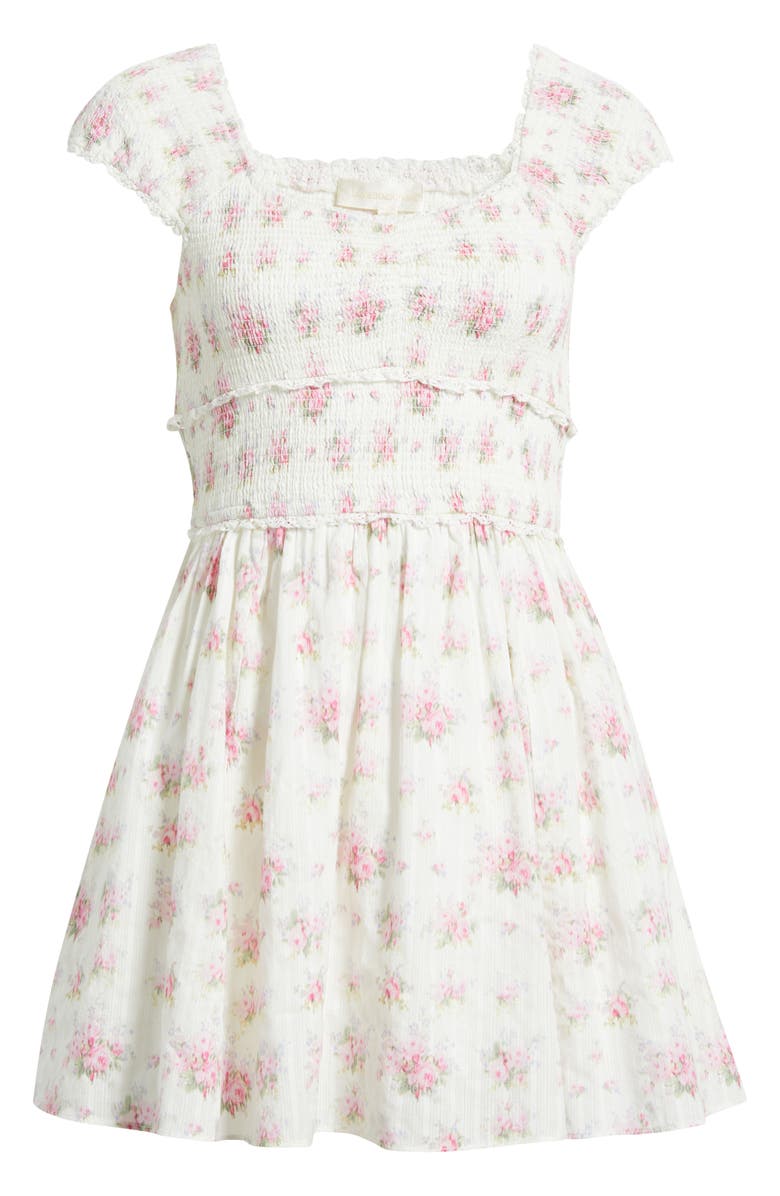 LoveShackFancy Siona Floral Stripe Smock Bodice Cotton Dress, Alternate, color, Thulian Pink