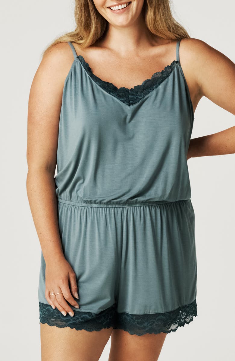 Posh Peanut Lace Trim Pajama Romper, Main, color, Blue