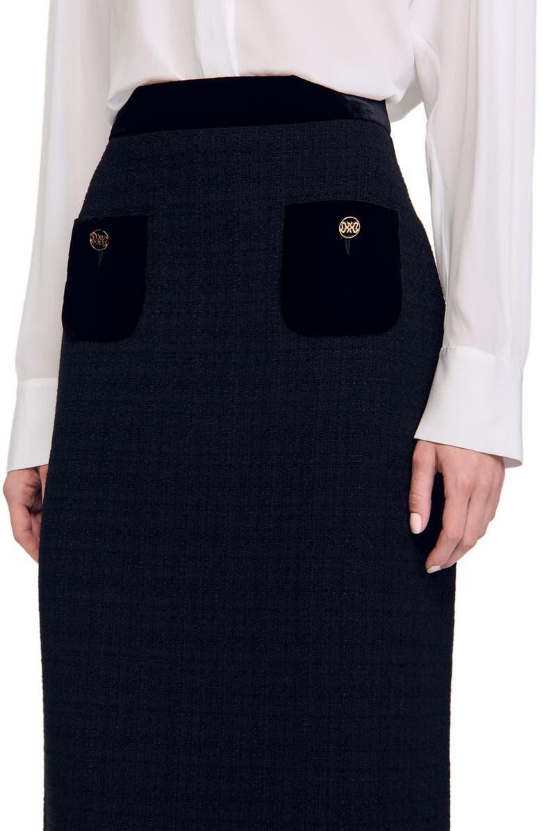 SANDRO Tweed and velvet maxi skirt, Alternate, color, 