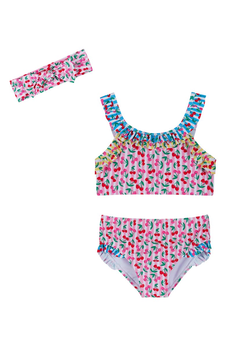 Andy & Evan Kids' Floral Ruffle Two-Piece Swimsuit & Headband Set, Alternate, color, Pink Cherry