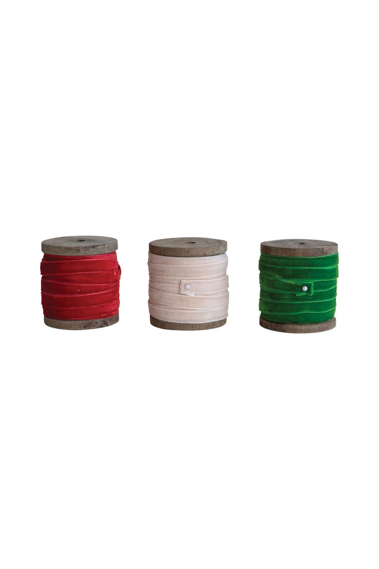 10 Yard Velvet Ribbon on Wood Spool, Set of 3 Colors, Main, color, Multicolor