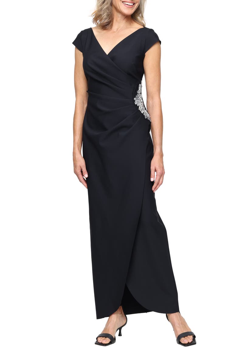 Embellished Pleated Gown, Main, color, BLACK
