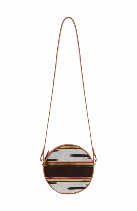 Genuine Leather & Fabric Pattern Crossbody Bag