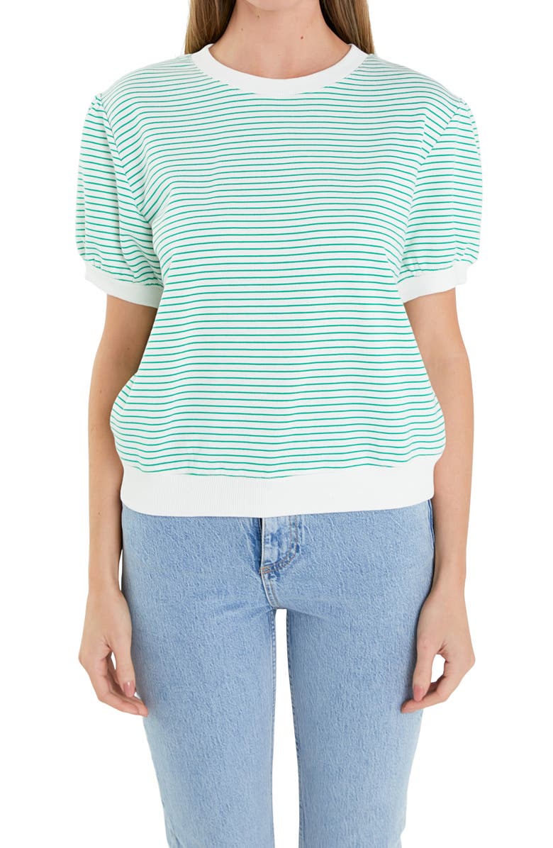 English Factory Stripe Puff Sleeve French Terry Top, Alternate, color, White/ Green