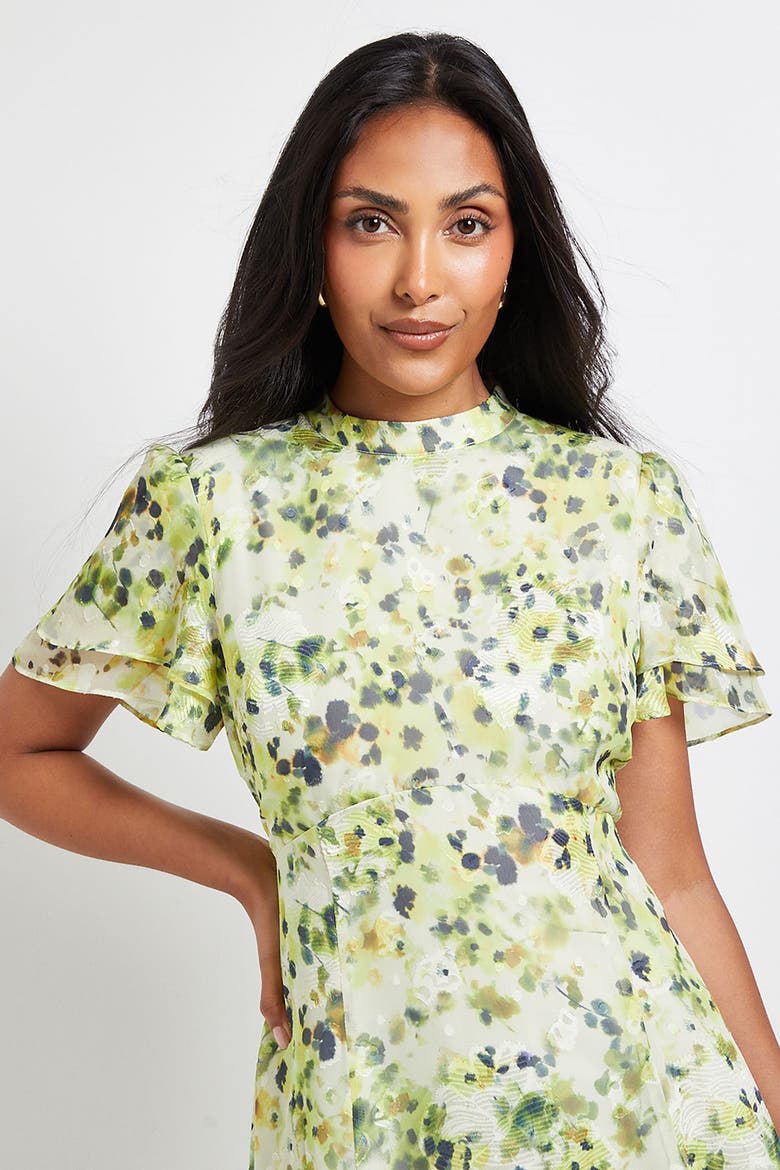 Petite Floral Burn Out Ruffle Midi Dress, Alternate, color, Yellow