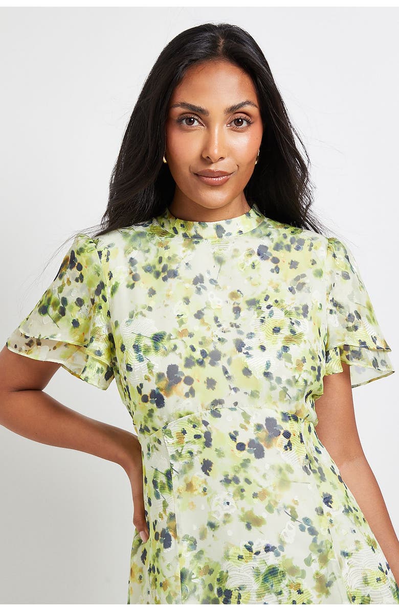 Wallis Petite Floral Burn Out Ruffle Midi Dress, Alternate, color, Yellow