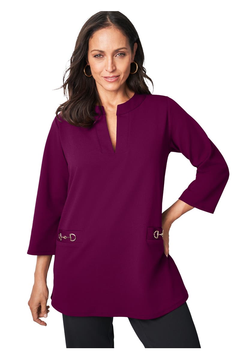 Jessica London Gold Detail Split Neck Stretch Knit Tunic, Main, color, Dark Berry