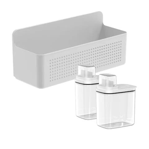 Clear Airtight 50oz Laundry Detergent Dispenser Set with Measuring Cap and Wall Mounted Storage Basket, 3 Piece Organizer
