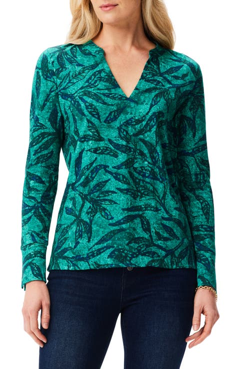 Leaf Print Cotton Split Neck Top