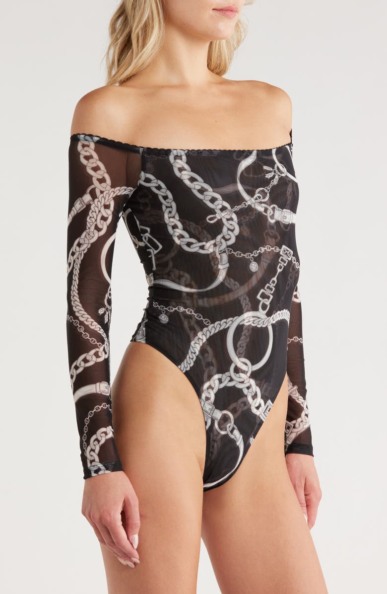 L'AGENCE Peonie Chain Off the Shoulder Mesh Bodysuit, Alternate, color,