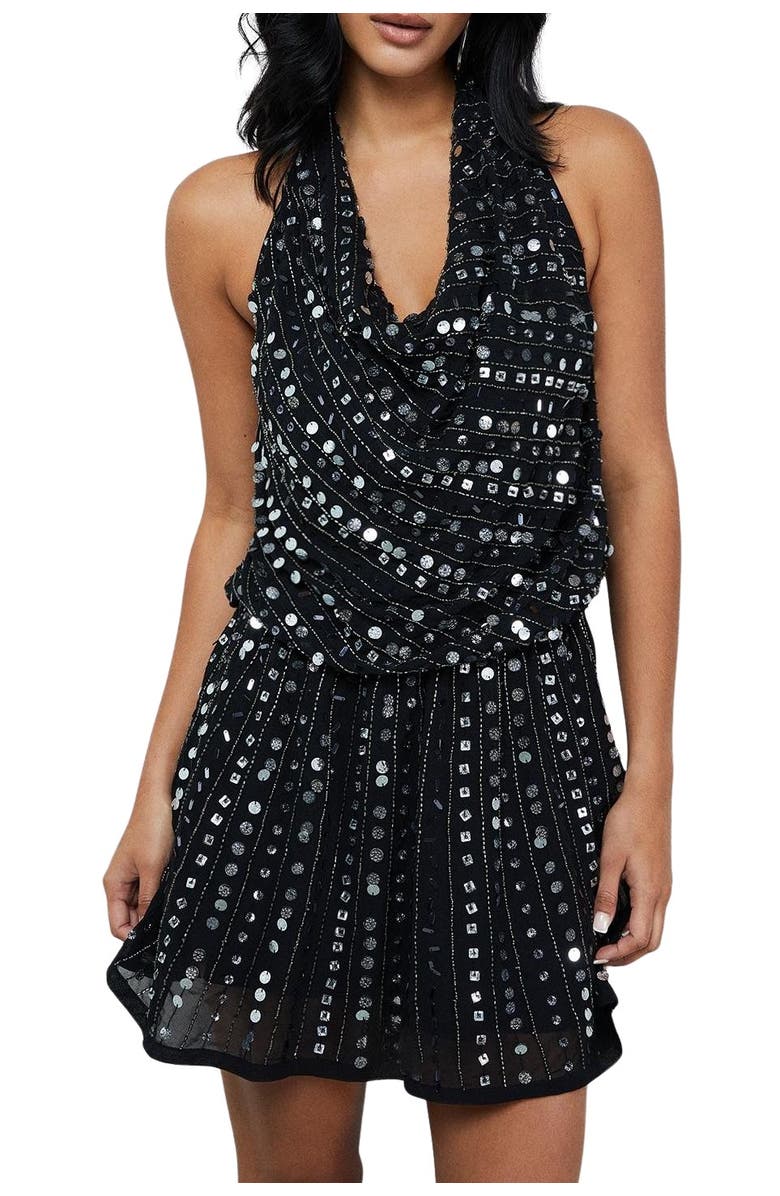 Warehouse Sequin Cowl Front Flippy Mini Dress, Alternate, color, Black