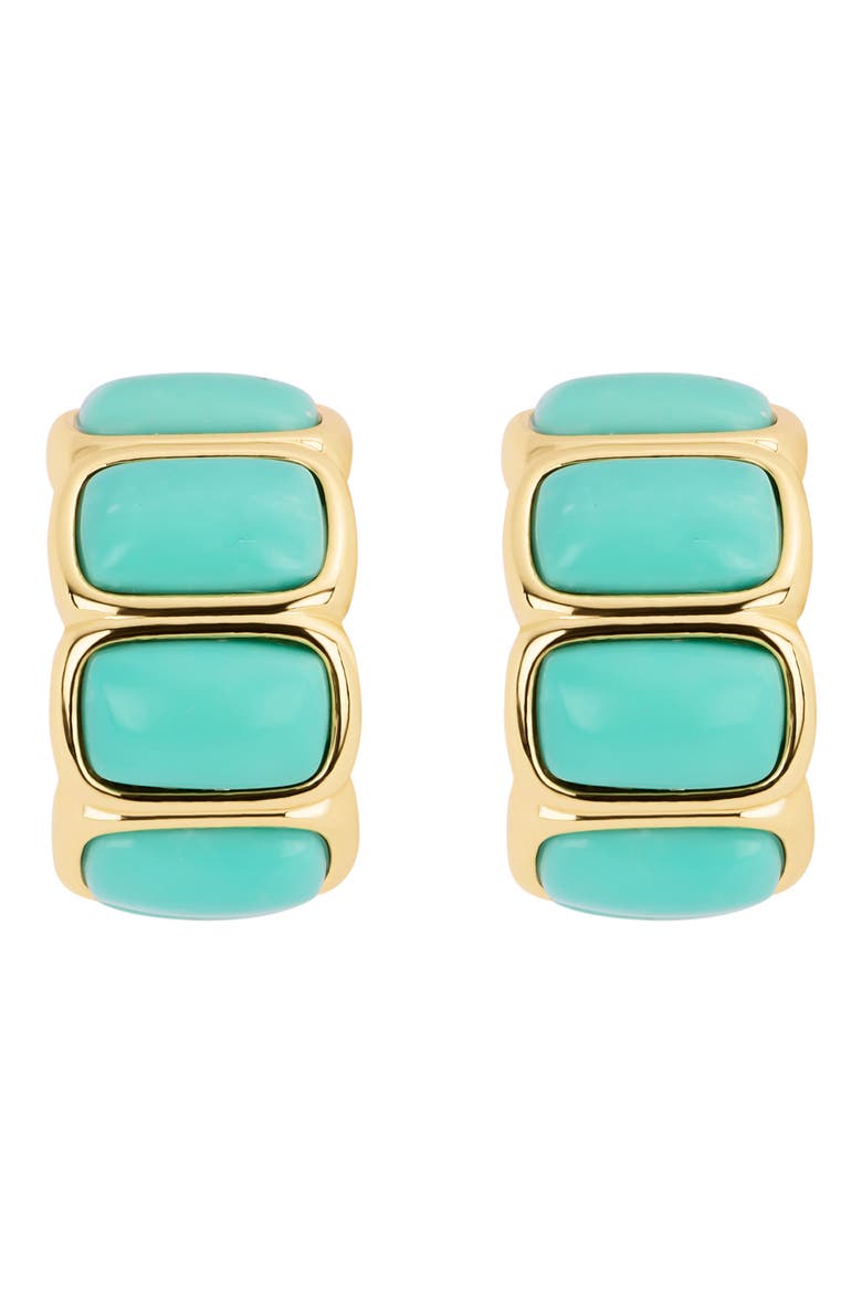 Turquoise Bezel Huggie Hoop Earrings, Main, color, GOLD