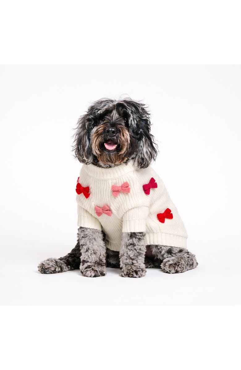 Found My Animal Bow 3D Icon Rib Dog Sweater, Alternate, color, Cream