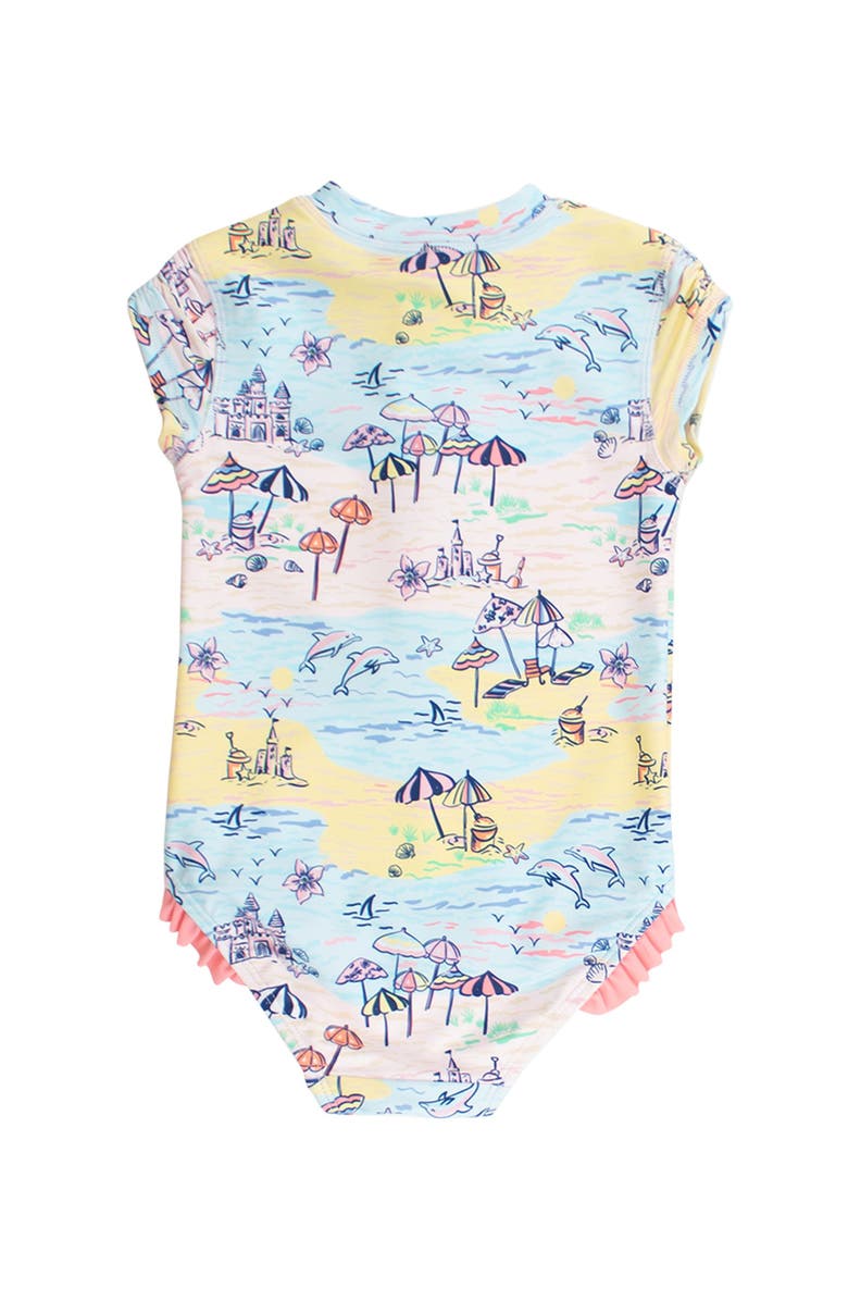 RuffleButts Short Sleeve UPF50 One Piece Rash Guard, Alternate, color, Beach Day