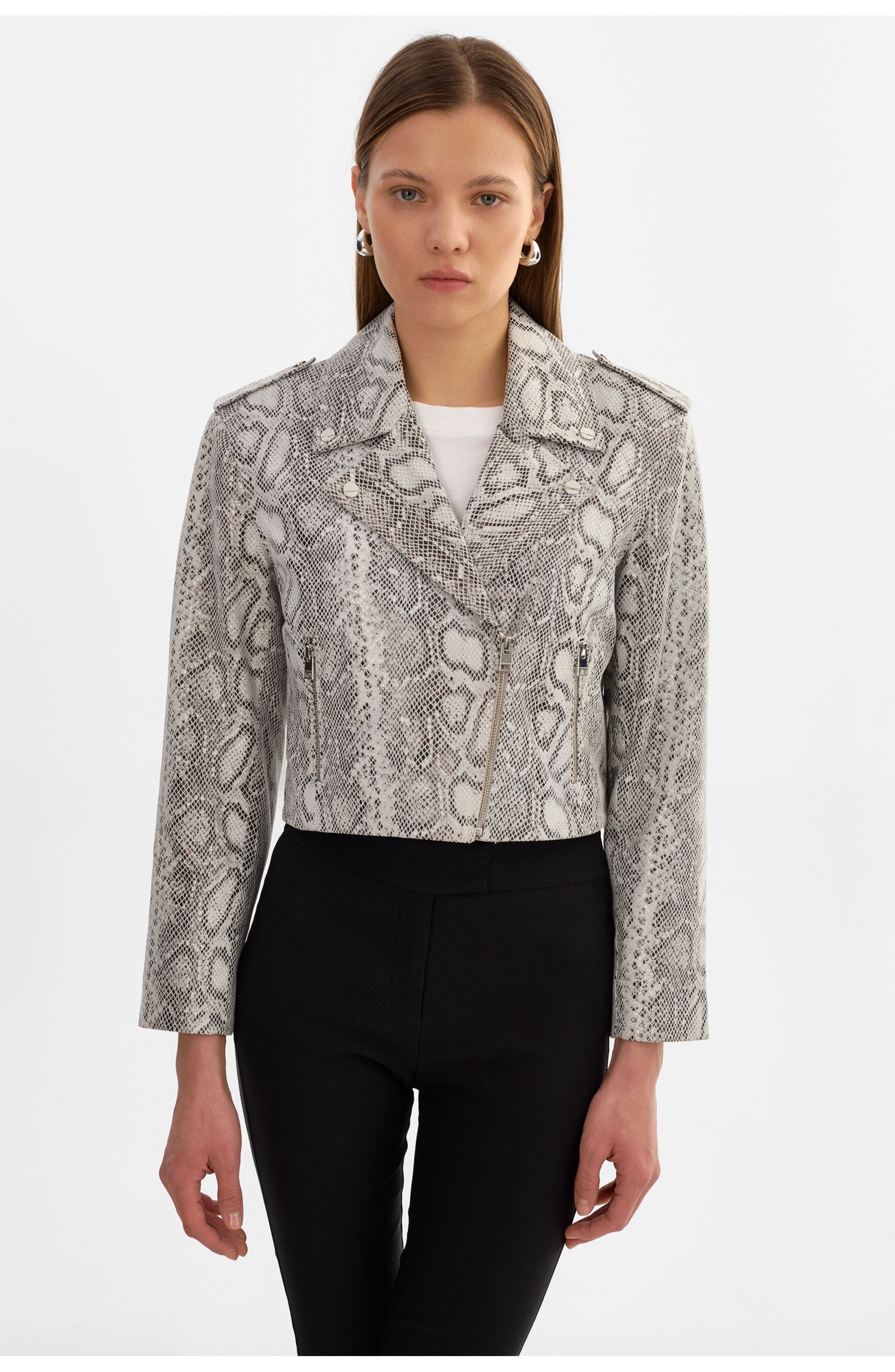 Denalda | Leather Cropped Biker Jacket - image 3