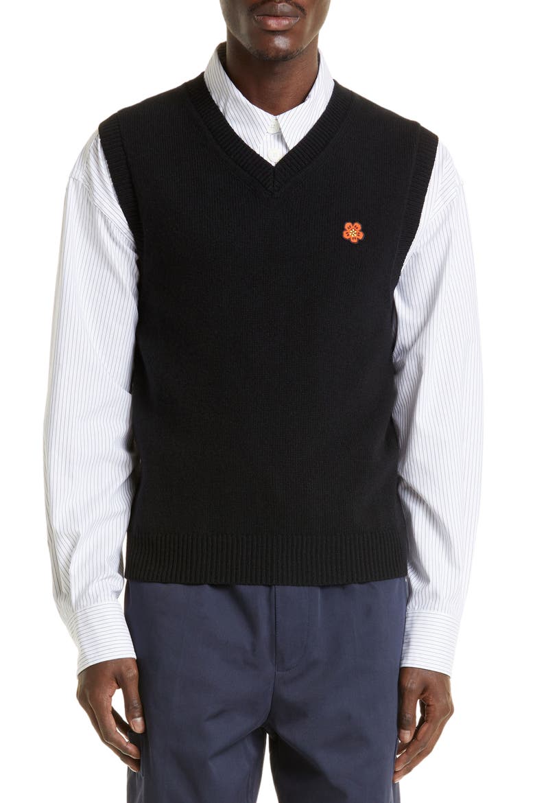 KENZO Embroidered Boke Flower Crest V-Neck Wool Sweater Vest (Men