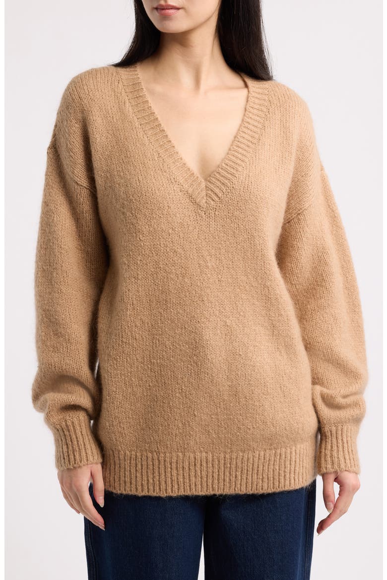 V-Neck Sweater & Scarf Set, Alternate, color, CAMEL BEIGE