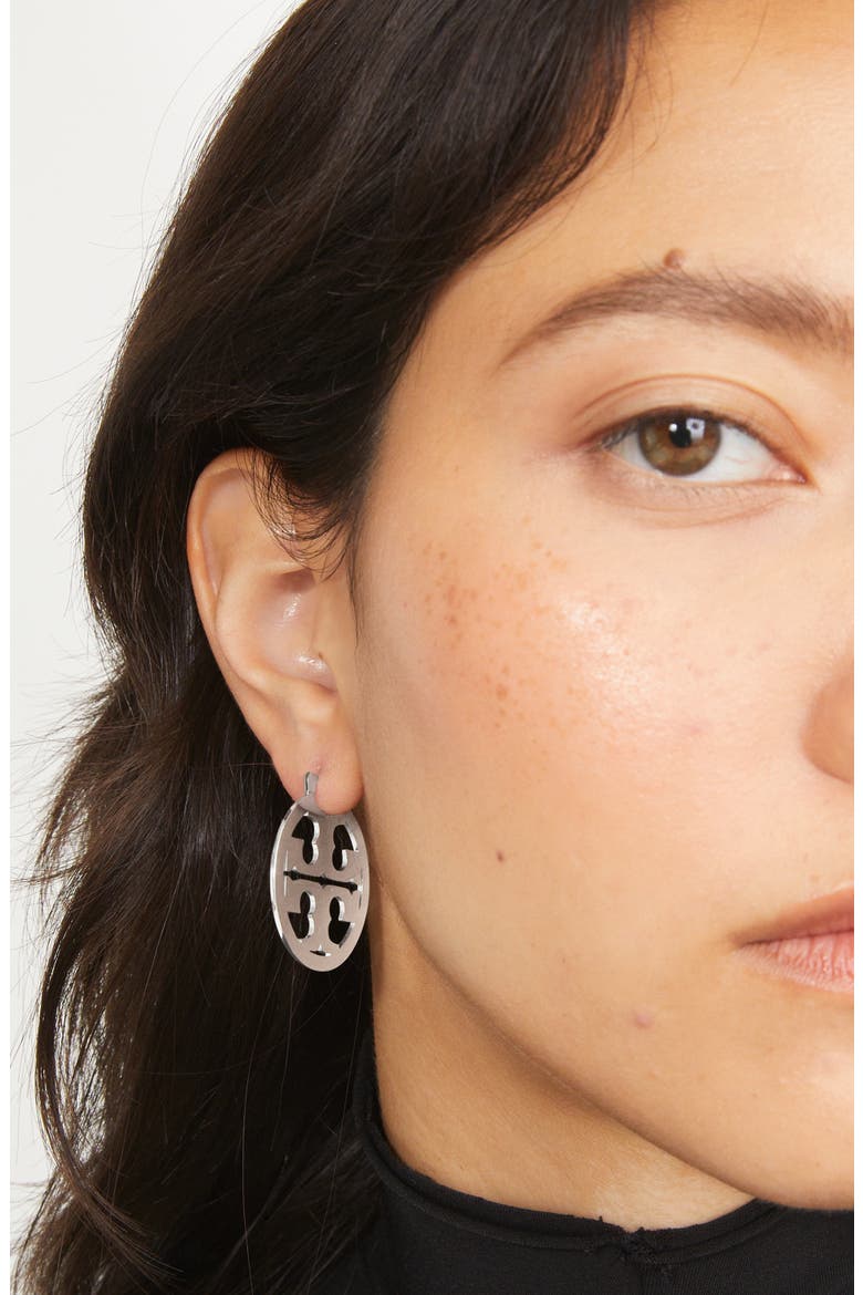 Small Icon Hoop Earrings, Alternate, color, TORY SILVER