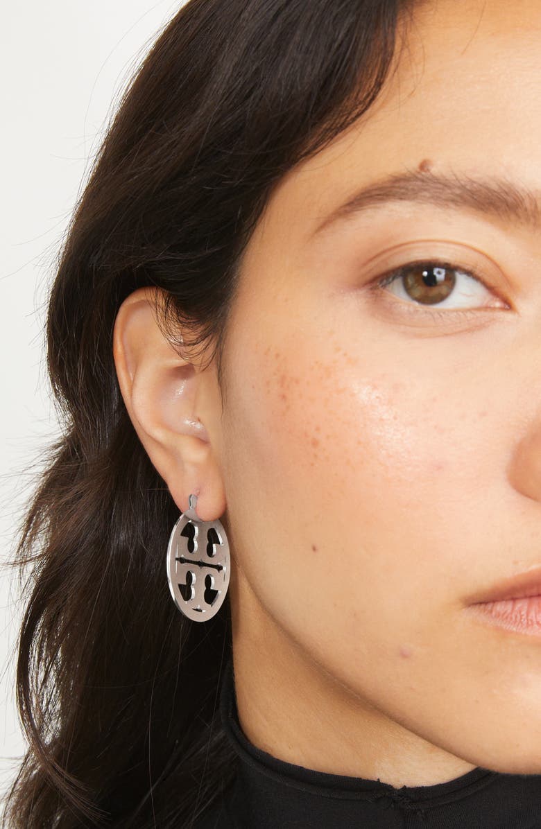 Tory Burch Small Icon Hoop Earrings, Alternate, color, Tory Silver