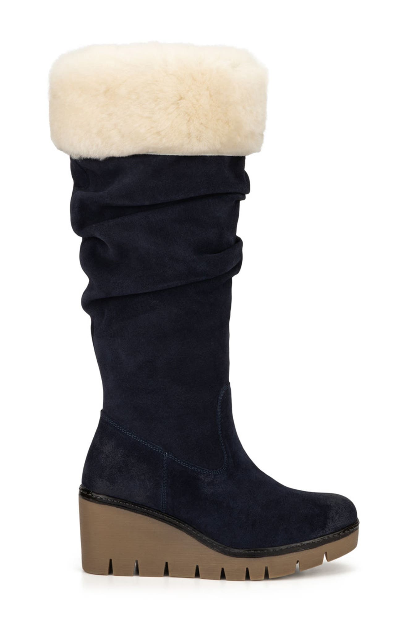 Arabella Faux Fur Trimmed Wedge Boot, Alternate, color, NAVY