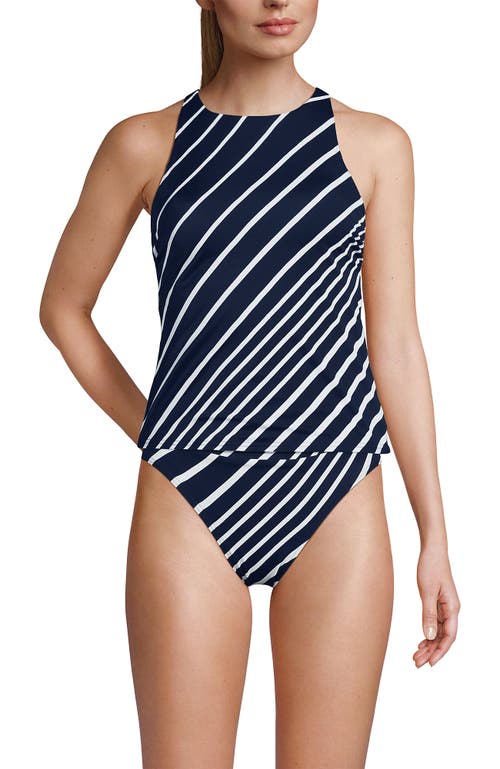 Lands' End Tugless High Neck Strappy Back Tankini Swimsuit Top In Navy/white Variegated Stripe
