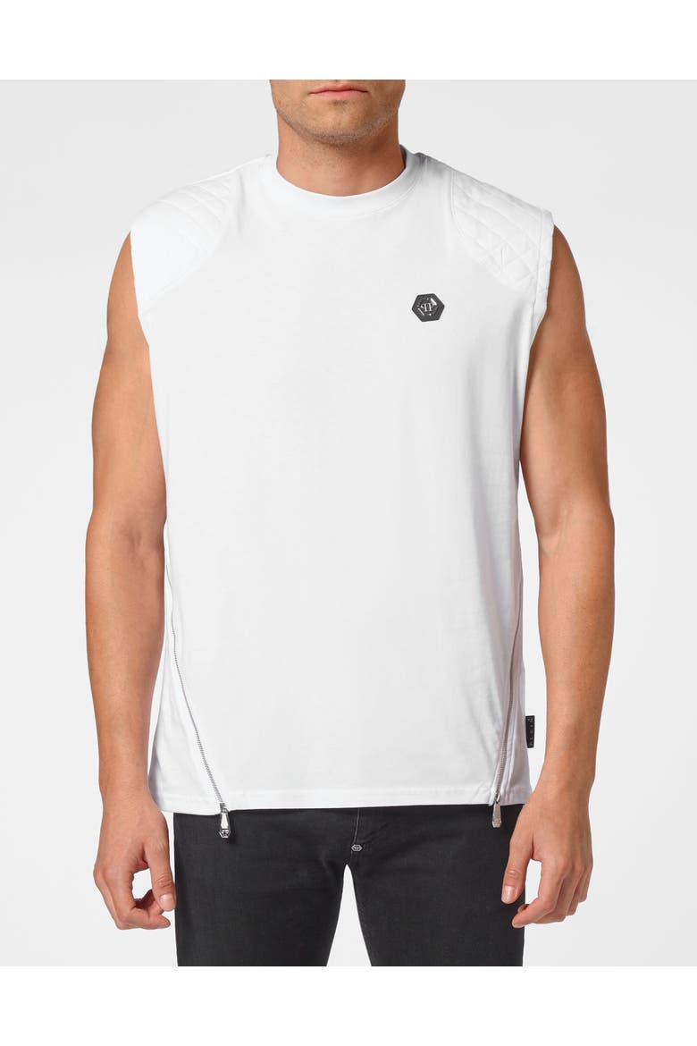 Sleeveless T-Shirt Round Neck Hexagon Men, Main, color, white