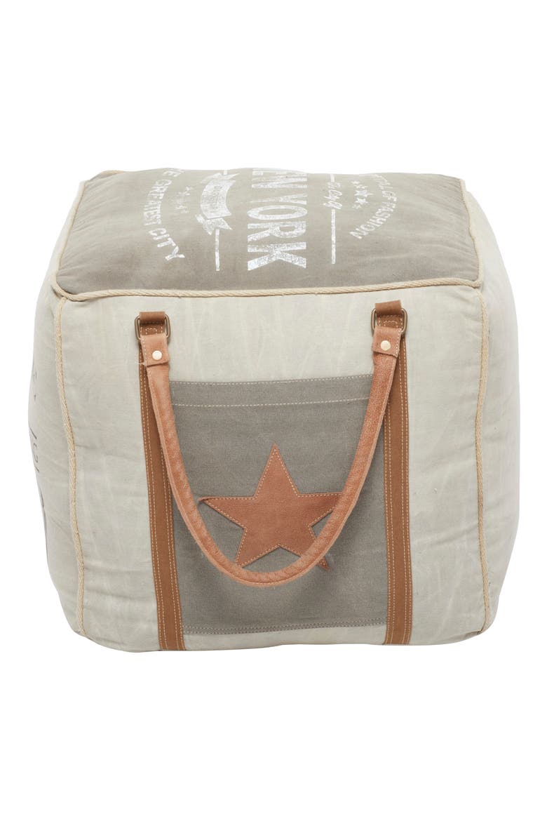 Cream Canvas Pouf with Leather Handles, Alternate, color, GREY