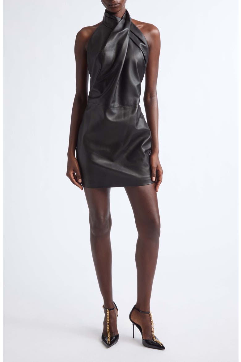 Halterneck Leather Minidress, Main, color, 0PA BLACK