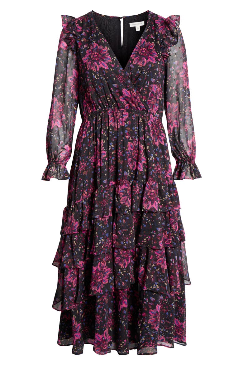 Tiered Ruffle Faux Wrap Maxi Dress, Alternate, color, BLACK-PINK PAINTERLY MEDALLION