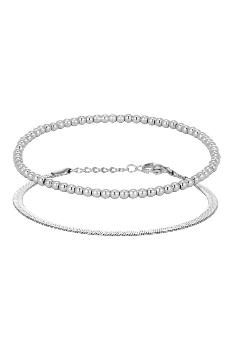 Set of 2 Herringbone & Bead Chain Bracelets, Main, color, SILVER