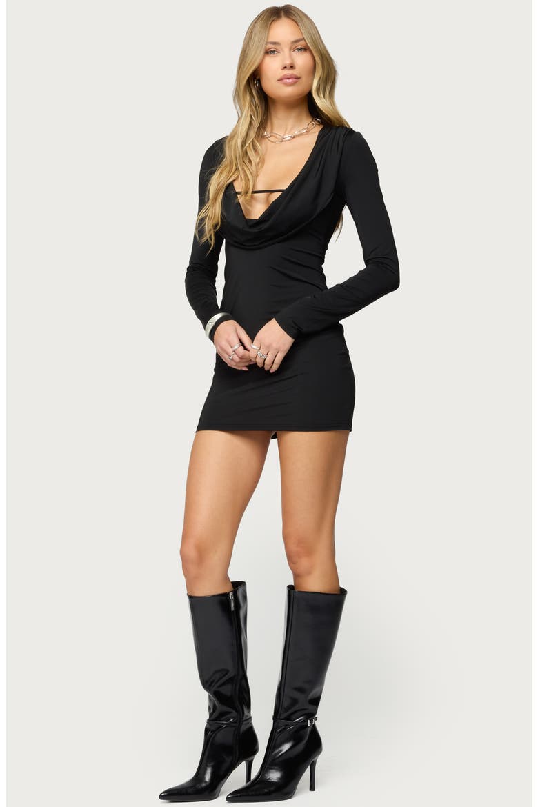 Nairobie Cowl Neck Long Sleeve Minidress, Alternate, color, BLACK