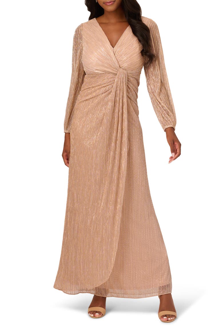 Metallic Long Sleeve Mesh Evening Gown, Main, color, LIGHT GOLD