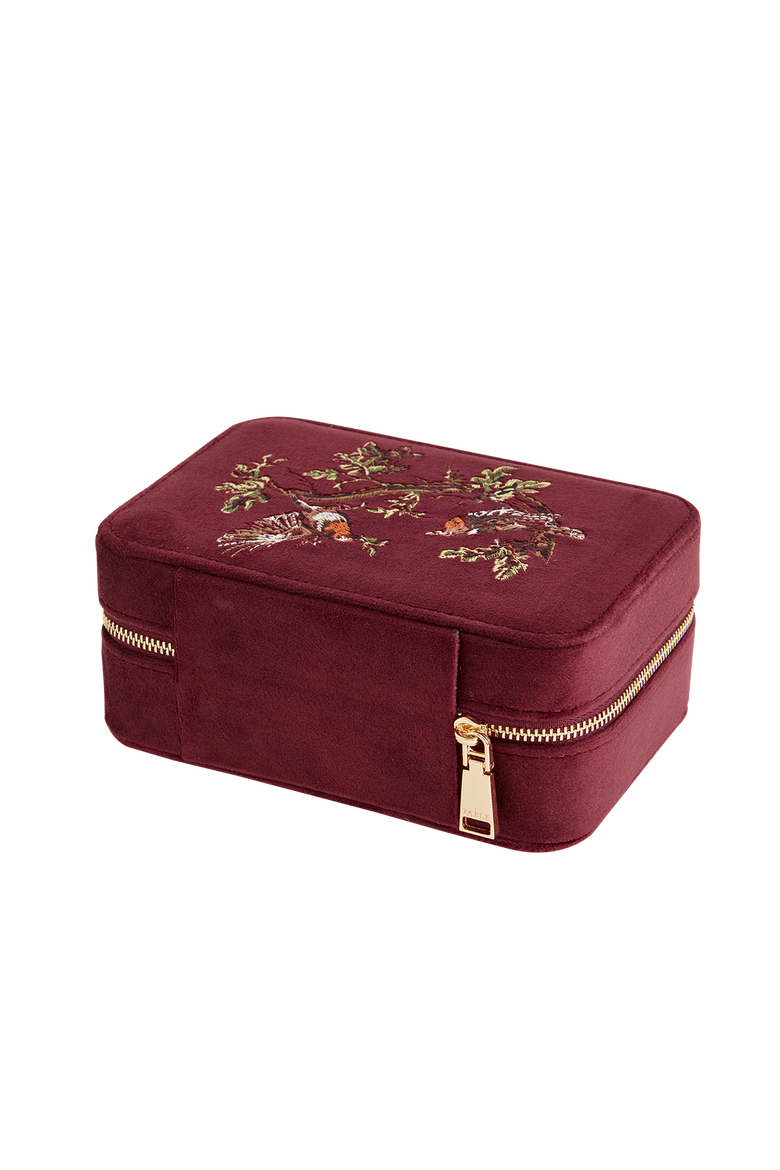 Robin Love Embroidered Large Velvet Jewellery Box, Alternate, color, Burgundy