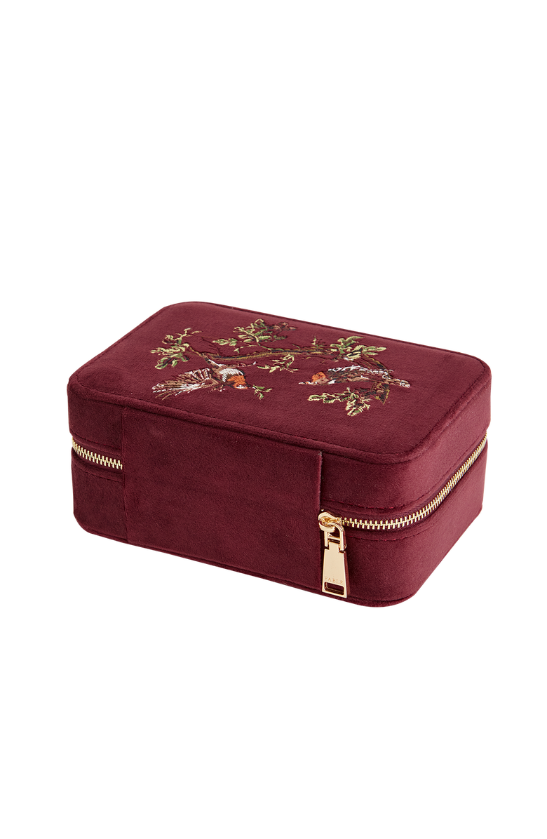 Fable England Robin Love Embroidered Large Velvet Jewellery Box, Alternate, color, Burgundy