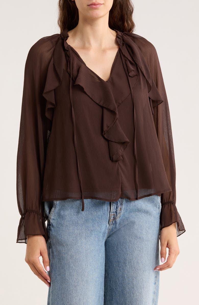 MELLODAY Ruffle Long Sleeve Top, Main, color, Coffee