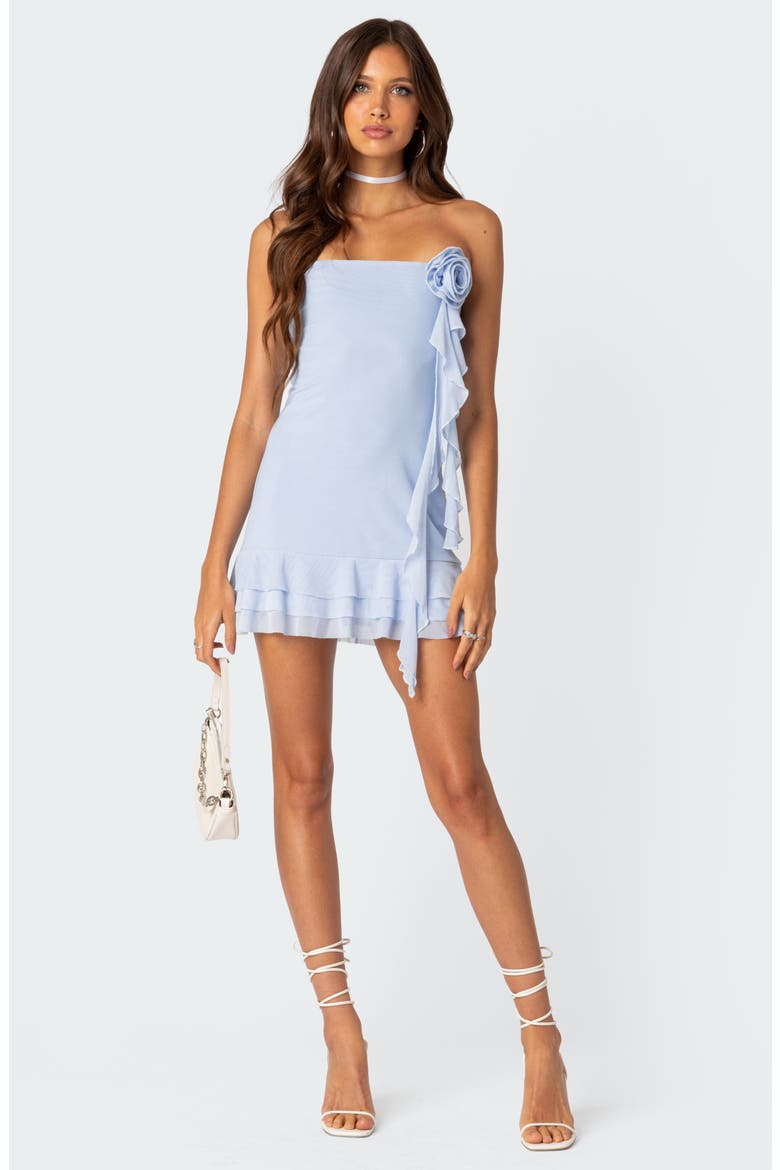 Thalia Strapless Minidress with Removable Rosette Ruffle, Alternate, color, BLUE