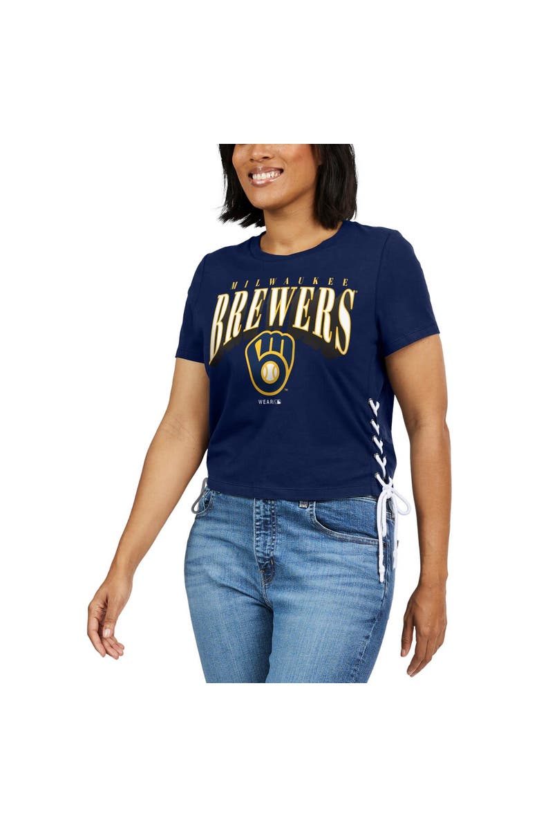 WEAR by Erin Andrews Women's WEAR by Erin Andrews Navy Milwaukee Brewers Side Lace-Up Cropped T-Shirt, Alternate, color,