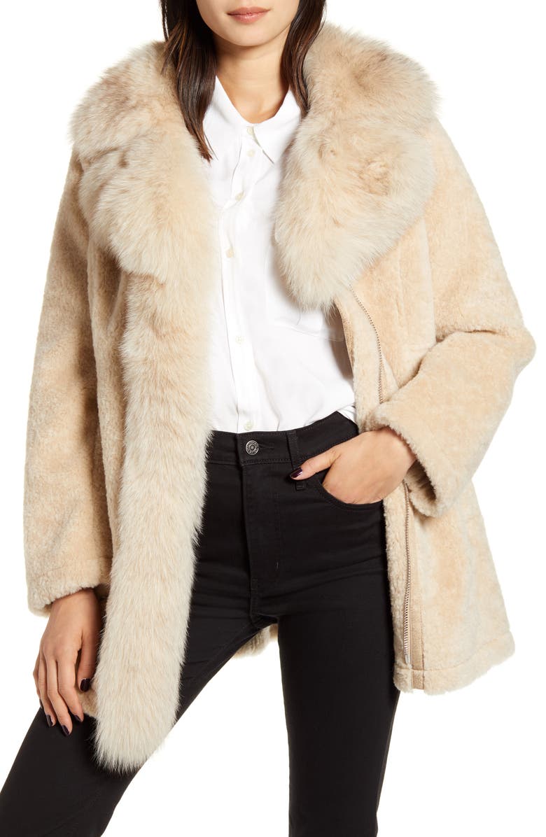 Derek Lam 10 Crosby Genuine Shearling & Fox Fur Coat, Main, color, 