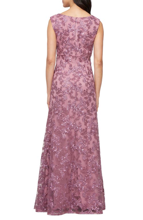 Alex Evenings Embroidered Scalloped Sleeveless Gown In Purple