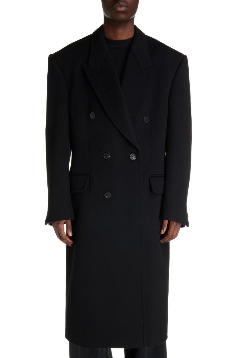 Balenciaga Double Breasted Wool Topcoat, Main, color, Black