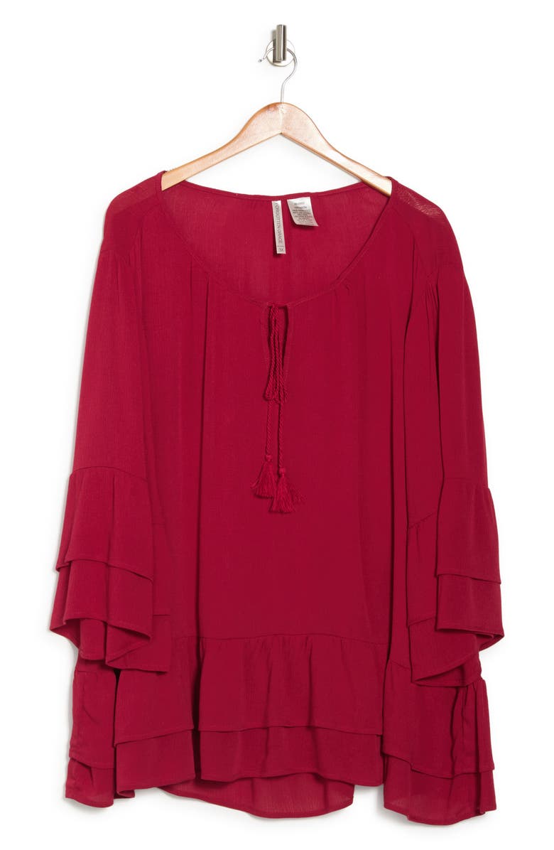Forgotten Grace Tie Front Ruffle Waist Tunic, Main, color, Burgundy